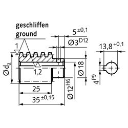 Präzisions-Schnecke einsatzgehärtet und geschliffen Achsabstand 35mm i=20 , Technische Zeichnung
