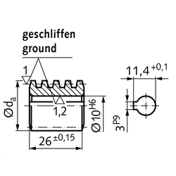 Präzisions-Schnecke einsatzgehärtet und geschliffen Achsabstand 40mm i=20 , Technische Zeichnung