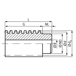 Hohlschnecken aus Stahl, eingängig rechts, Modul 0,5 bis 2,0, Technische Zeichnung
