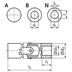 Kreuzgelenk KE Außendurchmesser 40mm ungebohrt Material Stahl Gesamtlänge 108mm, Technische Zeichnung