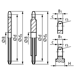 Kettenradscheibe KRL ohne Nabe 04 Tlg. 6mm 27 Zähne Mat. Stahl , Technische Zeichnung