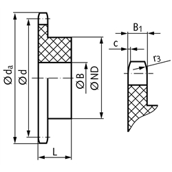 Kettenräder KRK aus Polyacetal, ISO 083, Teilung 1/2 x 3/16", Technische Zeichnung