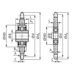 Kettenspannrad KSP-R Material 1.4301 06 B-1 3/8x7/32" 15 Zähne mit Kugellager, Technische Zeichnung
