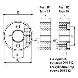 Geschlitzter Klemmring aus Stahl C45 brüniert Bohrung 15mm mit Schraube DIN 912 12.9 Ausf. B2, Technische Zeichnung