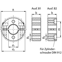 Geteilter Klemmring aus Edelstahl 1.4305 Bohrung 25mm mit Schrauben DIN 912 A2-70 Ausf. B2, Technische Zeichnung