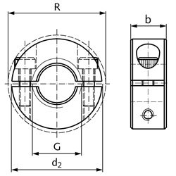 Gewinde-Klemmring geteilt Stahl C45 brüniert Gewinde M24 x 3,0 mit Schrauben DIN 912 12.9 , Technische Zeichnung