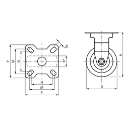 Kompaktrollen, Bockrollen mit Lochplatte, TPU-Rad, Technische Zeichnung