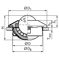 Kugelrolle 310 mit Befestigungselement Kugeldurchmesser 15mm , Technische Zeichnung