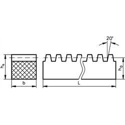 Zahnstangen Kunststoff POM schwarz, gefräst, Modul 1 bis 3, Technische Zeichnung