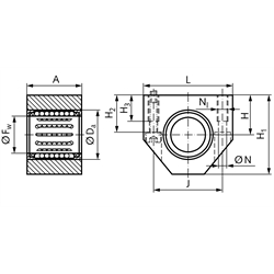 Linearlagereinheit KG-1-ST ISO-Reihe 1 mit Linear-Kugellager KB-1-ST beidseitig abgedichtet für Wellen-Ø 30mm, Technische Zeichnung