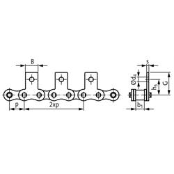Rollenketten mit Flachlaschen M1 = schmale Form, 2 x p, einseitig, Technische Zeichnung