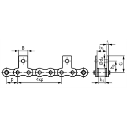Rollenketten mit Flachlaschen M1 = schmale Form, 4 x p, zweiseitig, Technische Zeichnung