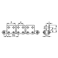 Flachlaschen-Rollenkette12 B-1-M2, 2xp mit einseitigen breiten Flachlaschen mit 2 Befestigungsbohrungen am Aussenglied im Abstand 2xp, Technische Zeichnung