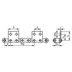 Rollenketten mit Flachlaschen M2 = breite Form, 4 x p, einseitig, Technische Zeichnung