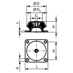Maschinenfuß mit Abreisssicherung Durchm. 192mm Höhe 70mm Gewinde M20 Flansch quadratisch, Technische Zeichnung
