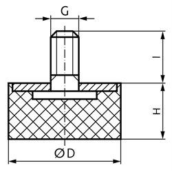 Gummi-Metall-Anschlagpuffer MGS Durchmesser 50mm Höhe 20mm Gewinde M10 x 28mm Edelstahl 1.4301, Technische Zeichnung