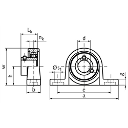 Kugel-Stehlager KP 002 Bohrung 15mm Gehäuse aus Zink-Druckguss, Technische Zeichnung