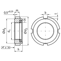 Nutmutter GUK 4 selbstsichernd Gewinde M20 x 1 Material 1.4301 mit eingelegtem Klemmteil aus Polyamid, Technische Zeichnung