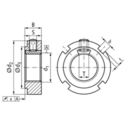 Nutmutter mit integrierter Sicherung KMK 14 Gewinde M70x2 , Technische Zeichnung