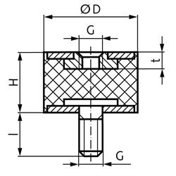 Metall-Gummipuffer MGA mit Muttergewinde und Gewindestück, Edelstahl, Technische Zeichnung