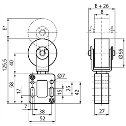 Riemenspanner SPANN-BOX® Größe 0 niedrige Spannkraft Rollen-Ø 55mm (zylindrisch) Rollenbreite 40mm, Technische Zeichnung