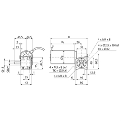 Schnecken-Kleingetriebemotor SG mit Gleichstrom-Permanentmagnetmotor 24V 28W n2=44/min i=68:1 Abtrieb Seite 1, Technische Zeichnung