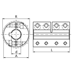 Geteilte Schalenkupplung MAT beidseitig Bohrung 10mm mit Nut Edelstahl 1.4305 mit Schrauben DIN 912 A2-70 , Technische Zeichnung