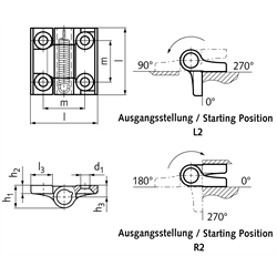 Scharnier M437.3 Zink-Druckguss kunststoffbeschichtet schwarz Form L2 Federrückstellung schließend 60x60mm, Technische Zeichnung