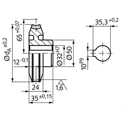Schneckenräder - Achsabstand 65 mm, Technische Zeichnung