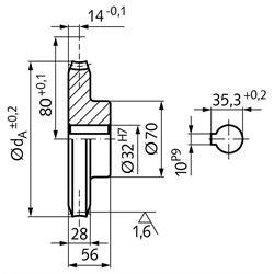 Präzisions-Schneckenrad Achsabstand 80mm i=50 50 Zähne , Technische Zeichnung