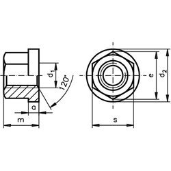 Sechskantmutter DIN 6331 mit Bund M36 Vergütungsstahl Klasse 10 , Technische Zeichnung