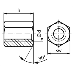 Sechskantmutter mit Trapezgewinde DIN 103 Tr.12 x 3 eingängig links Länge 18mm Schlüsselweite 19mm Stahl C35Pb , Technische Zeichnung