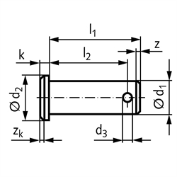 Bolzen mit Splintloch Größe 50 x 115 x 103 Stahl verzinkt; passend zu Gabelkopf 50 x 96, Technische Zeichnung
