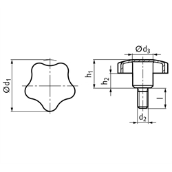 Sterngriffschraube 5334 Durchmesser 60mm Gewinde M12 x 50mm Edelstahl 1.4301, Technische Zeichnung