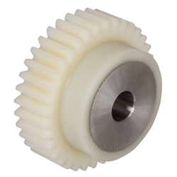 Stirnzahnrad aus Kunststoff PA12G weiß (naturfarben) mit Stahlkern Modul 2,5 15 Zähne Zahnbreite 25mm Außendurchmesser 42,5mm, Produktphoto