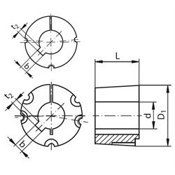 Taper-Spannbuchse 1210 Bohrung 25,4mm (1") Nutbreite 6,350mm Nuttiefe 3,175mm (1/4"x1/8"), Technische Zeichnung