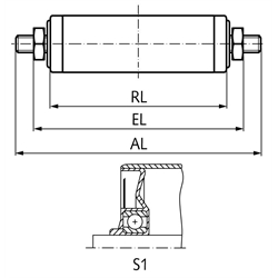 Tragrolle S1 Stahl blank Ø=50mm RL=400mm EL=420mm AL=450mm Außengewinde, Technische Zeichnung