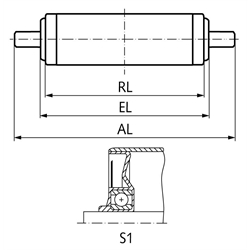 Tragrolle S1 Stahl blank Ø=50mm RL=600mm EL=610mm AL=630mm Federachse, Technische Zeichnung