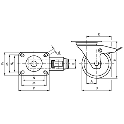 Edelstahl-Transportrollen, Lenkrollen mit Feststeller und Lochplatte, PU-Bandage, Technische Zeichnung