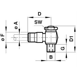 Winkel-Schwenkverbindung mit Drosselrückschlagventileinsatz auf der Abluftseite, Technische Zeichnung