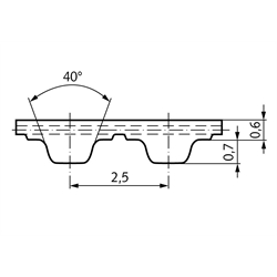 Zahnriemen Profil T 2,5, Breite 10 mm, Technische Zeichnung